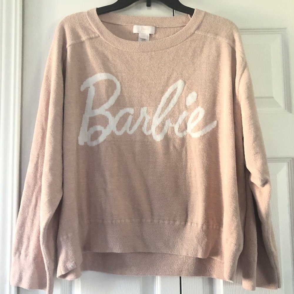 Barefoot Dreams x Barbie CozyChic Pink White Sweatshirt Pullover Sz XL